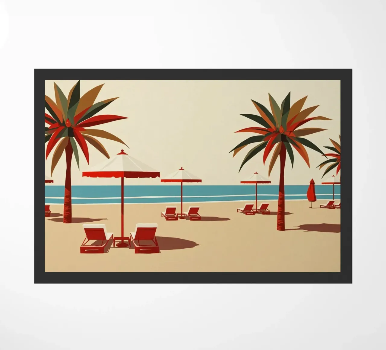 Scena di spiaggia con palme, ombrelloni e sedie a sdraio zerbino da DesignDoodle