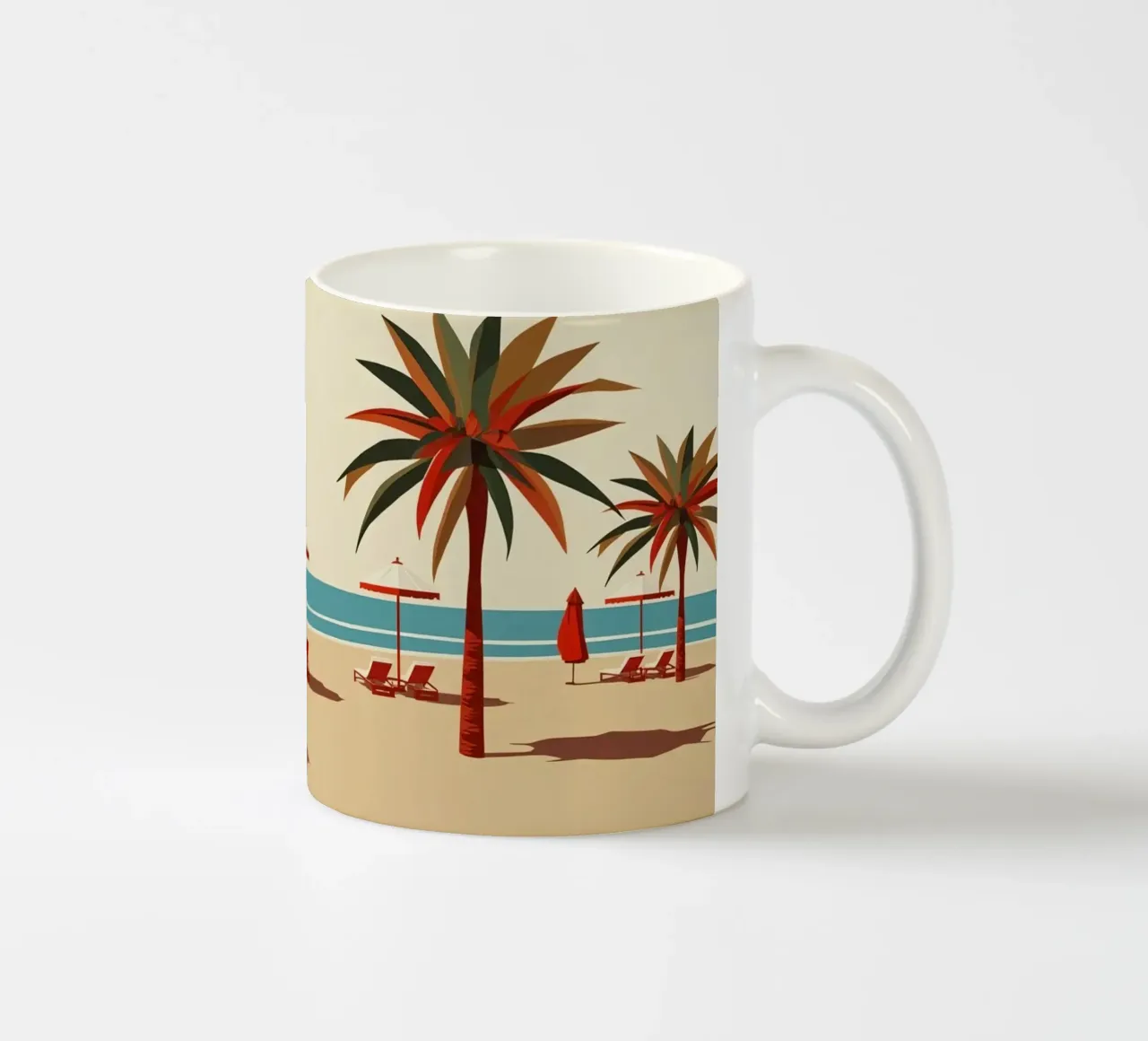 Scena di spiaggia con palme, ombrelloni e sedie a sdraio tazza in ceramica da DesignDoodle