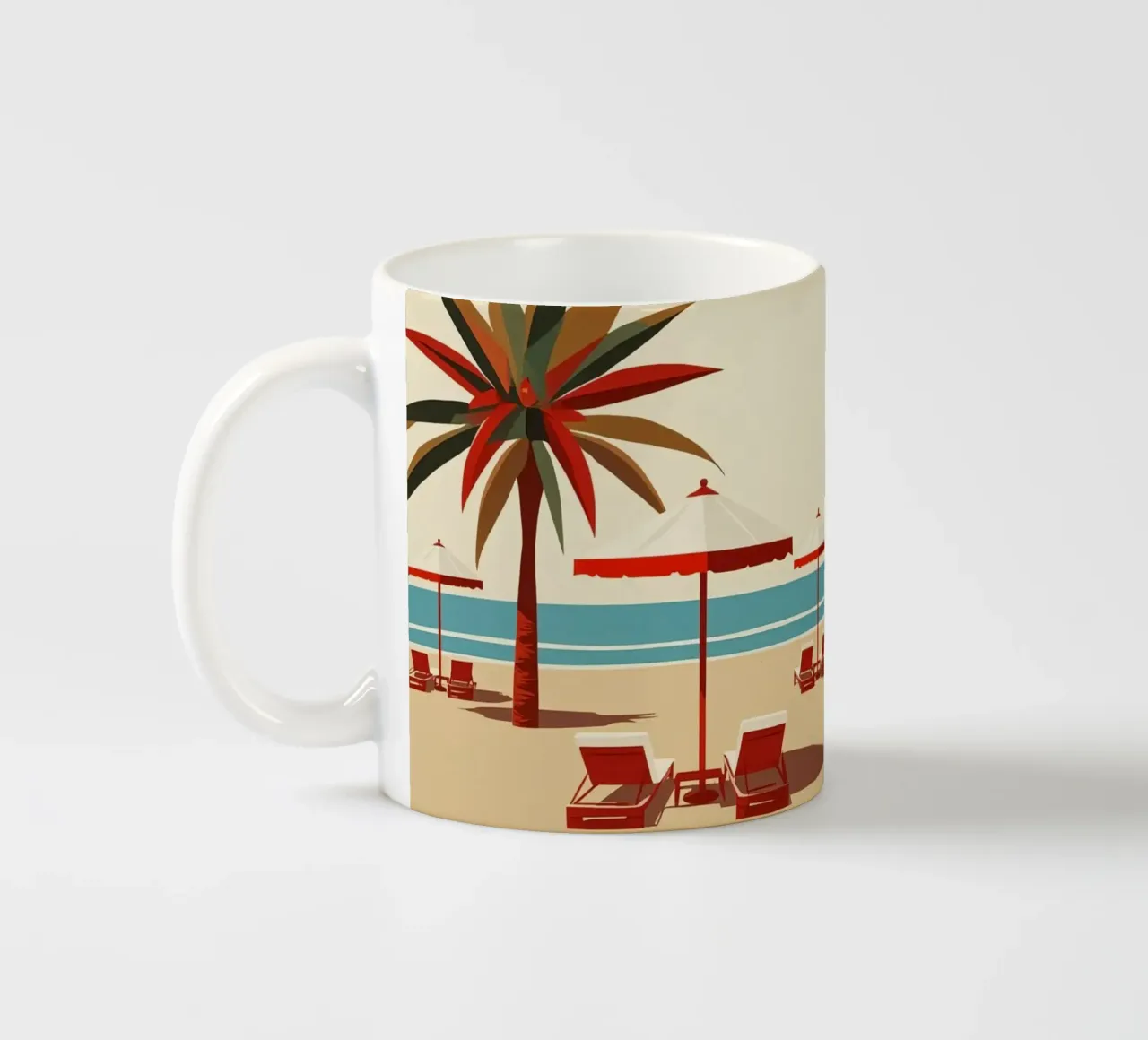 Scena di spiaggia con palme, ombrelloni e sedie a sdraio tazza in ceramica da DesignDoodle