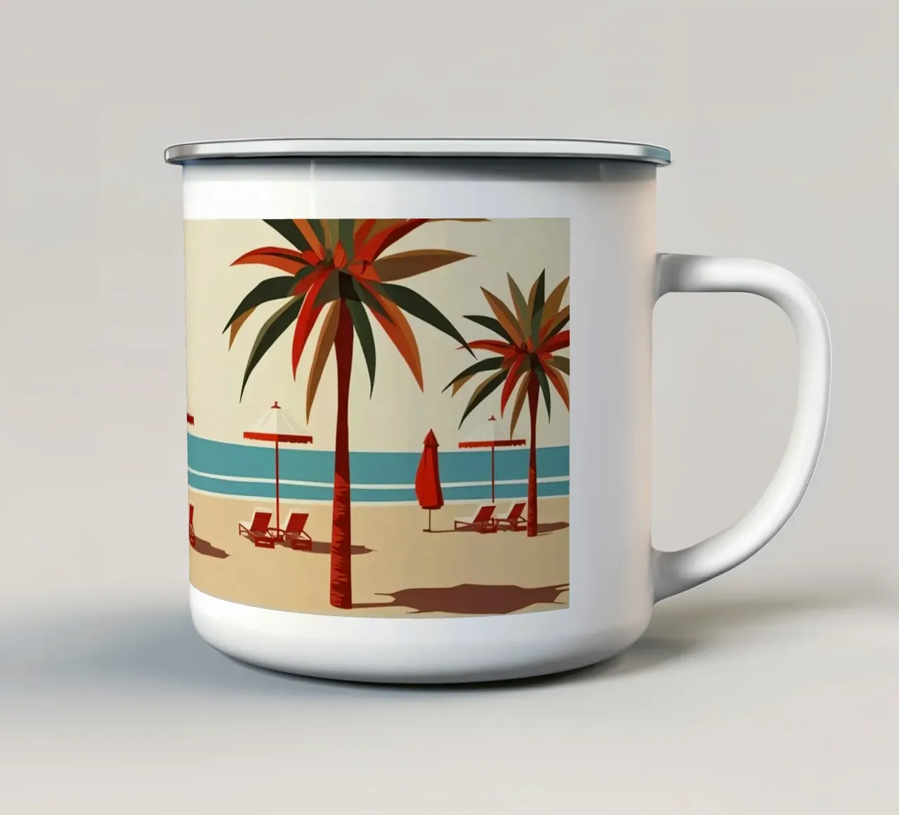 Scena di spiaggia con palme, ombrelloni e sedie a sdraio tazza in smalto da DesignDoodle