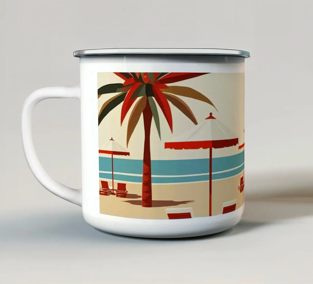 Scena di spiaggia con palme, ombrelloni e sedie a sdraio tazza in smalto da DesignDoodle