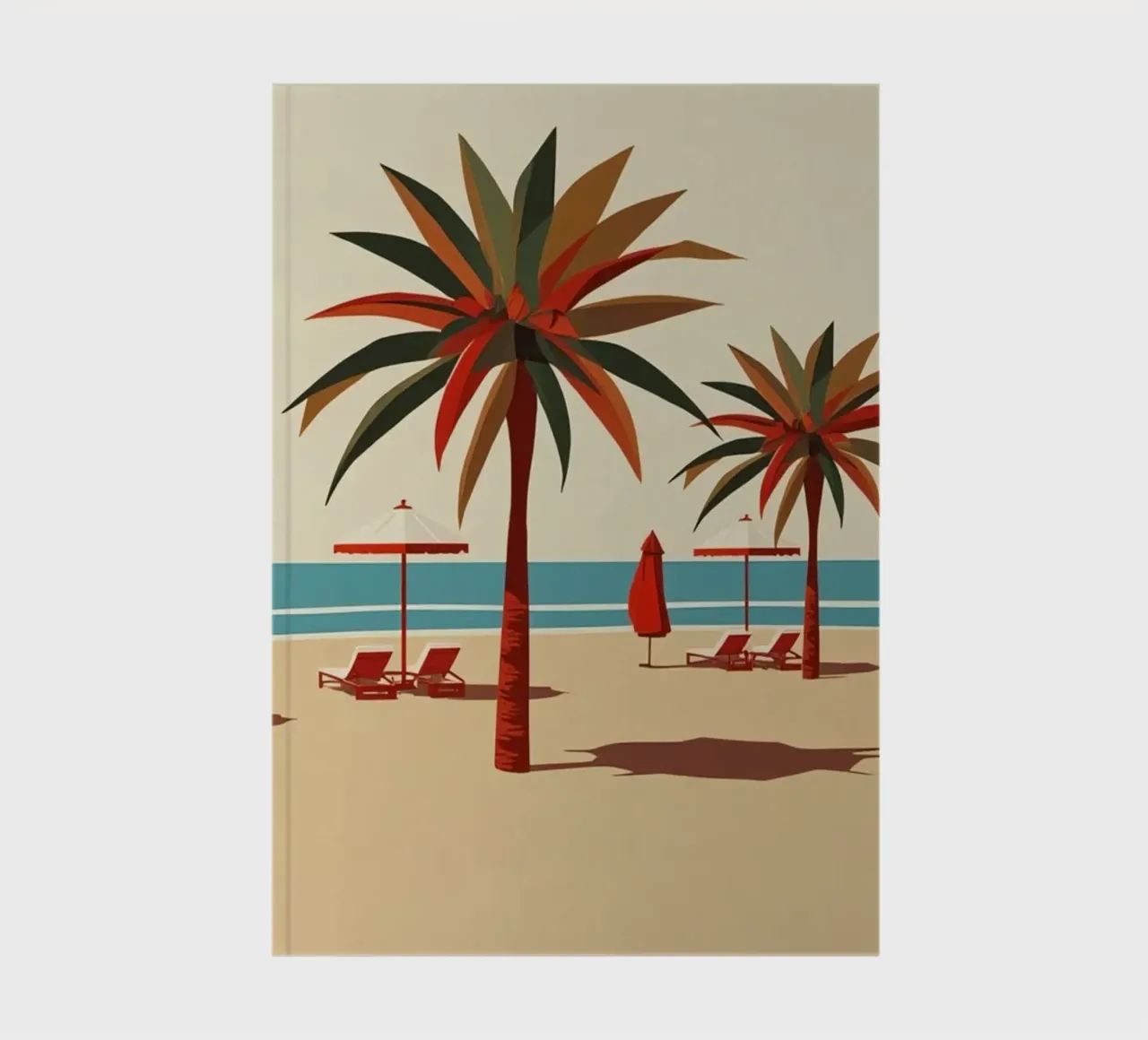 Beach Scene with Palm Trees Umbrellas and Lounge Chairs notebook by DesignDoodle