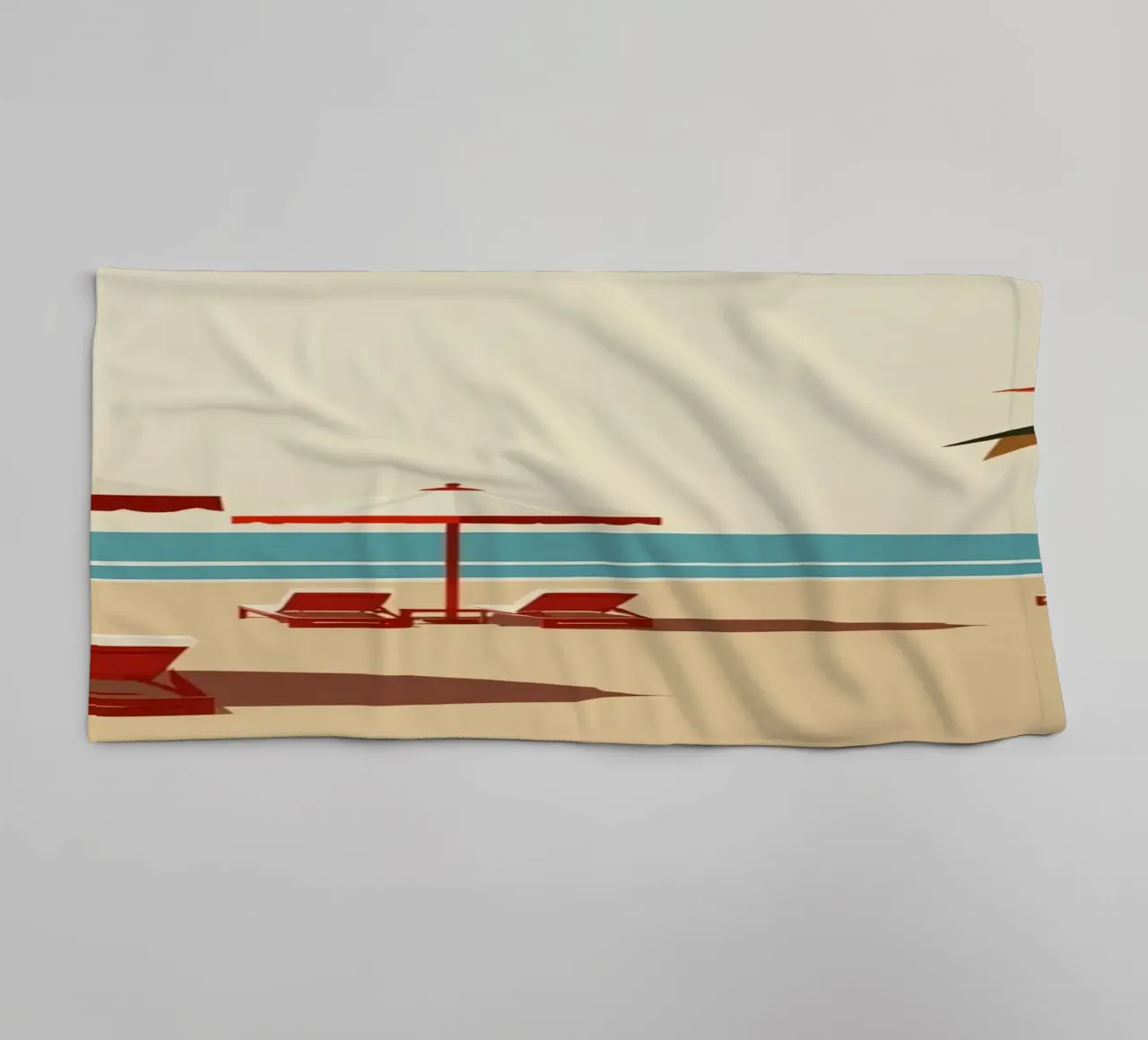 Beach Scene with Palm Trees Umbrellas and Lounge Chairs towel by DesignDoodle