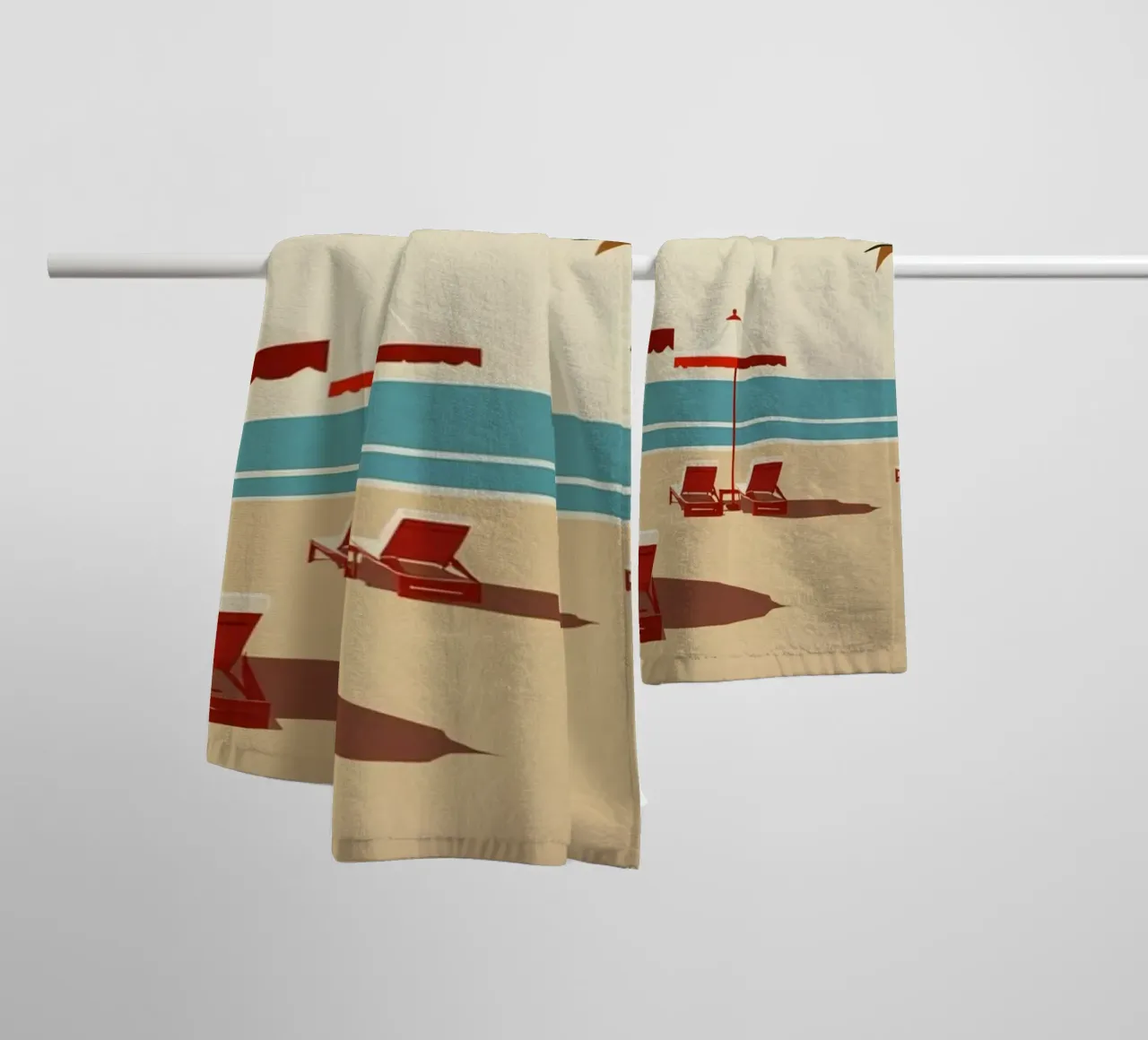 Beach Scene with Palm Trees Umbrellas and Lounge Chairs towel by DesignDoodle