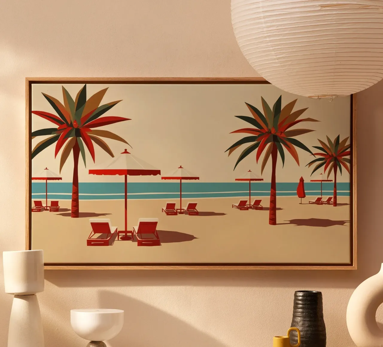 Beach Scene with Palm Trees Umbrellas and Lounge Chairs canvas by DesignDoodle