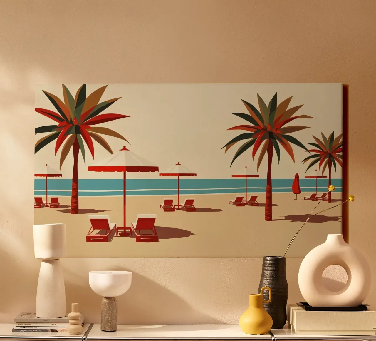 Beach Scene with Palm Trees Umbrellas and Lounge Chairs canvas by DesignDoodle