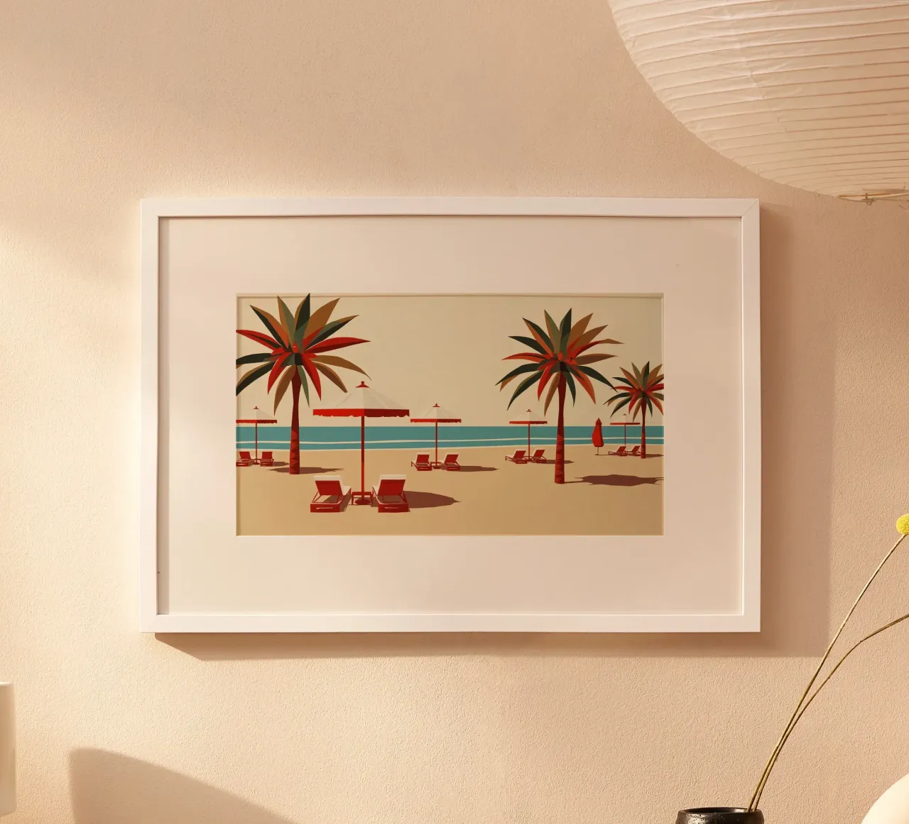 Beach Scene with Palm Trees Umbrellas and Lounge Chairs hahnemühle by DesignDoodle