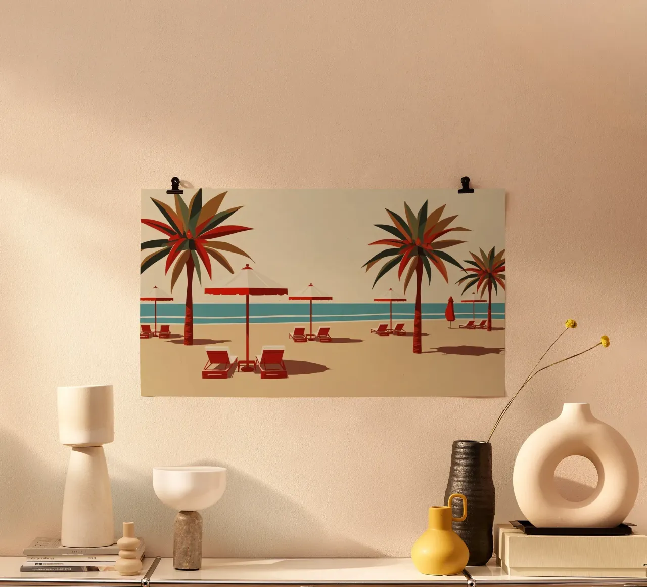 Beach Scene with Palm Trees Umbrellas and Lounge Chairs hahnemühle by DesignDoodle