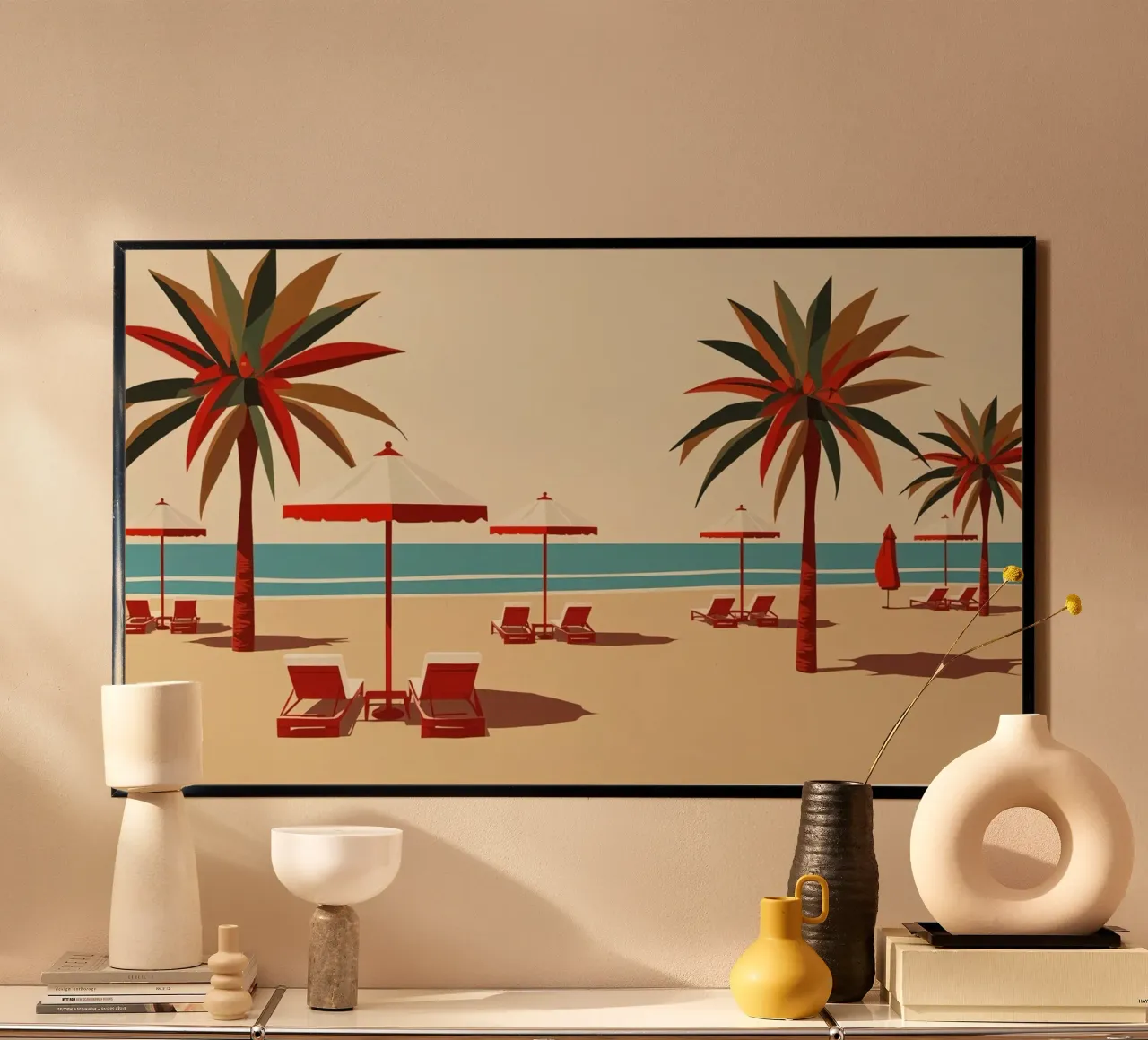 Beach Scene with Palm Trees Umbrellas and Lounge Chairs hahnemühle by DesignDoodle