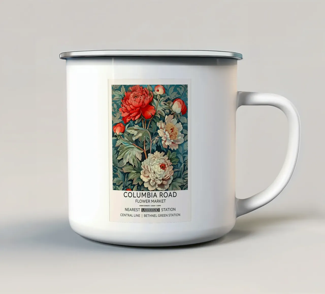 Poster del mercato dei fiori di Columbia Road tazza in smalto da BotanicalMolly
