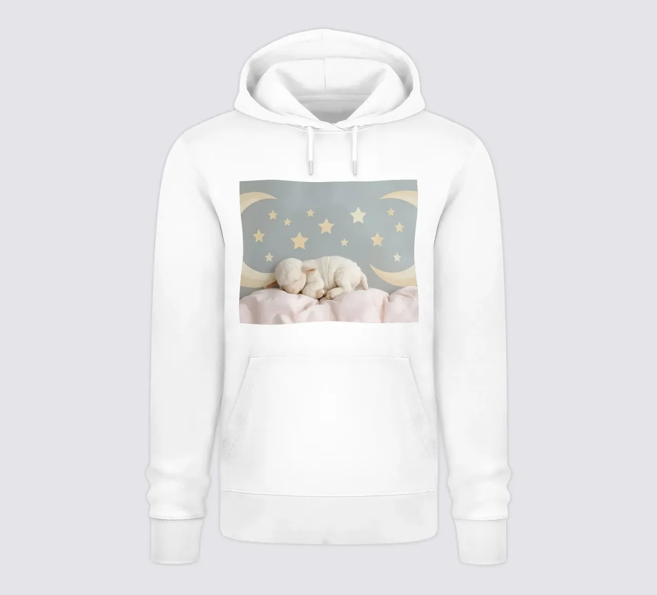 Simpatico agnellino che dorme su un tessuto con decorazioni a forma di luna e stelle felpa con cappuccio da DesignDoodle