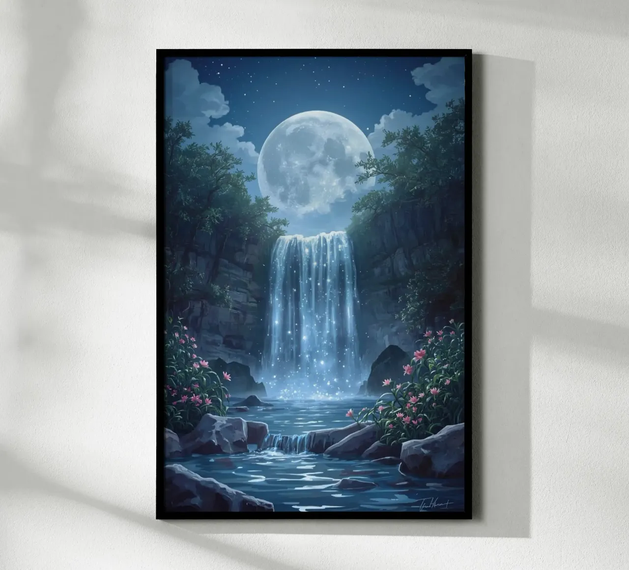 Cascata al chiaro di luna con fiori carta hahnemühle da DesignDoodle