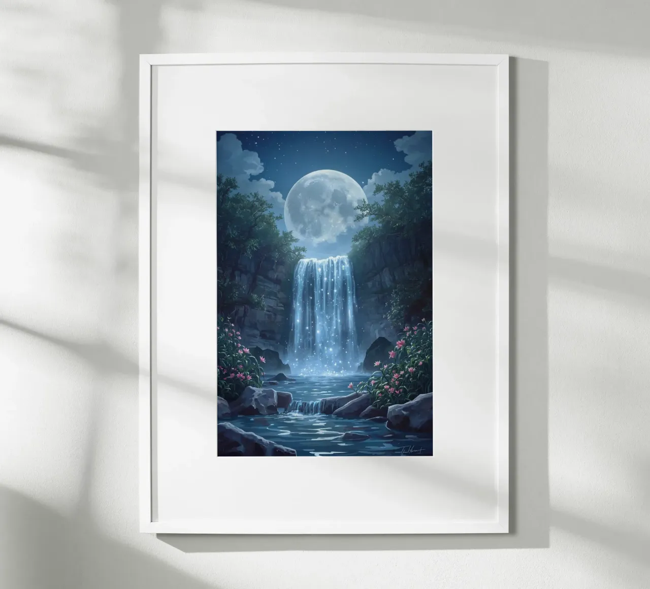 Cascata al chiaro di luna con fiori carta hahnemühle da DesignDoodle
