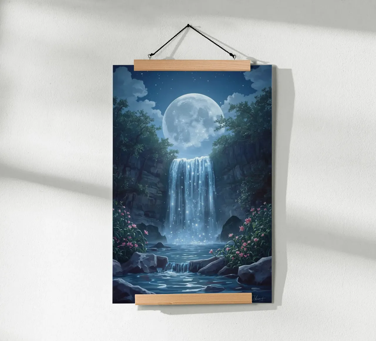 Cascata al chiaro di luna con fiori carta hahnemühle da DesignDoodle