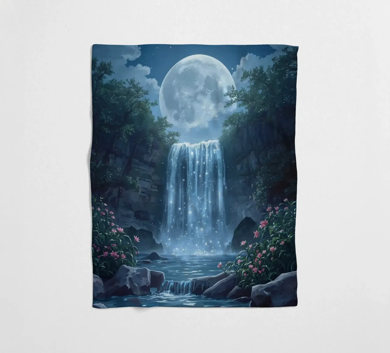 Cascata al chiaro di luna con fiori coperta in pile da DesignDoodle