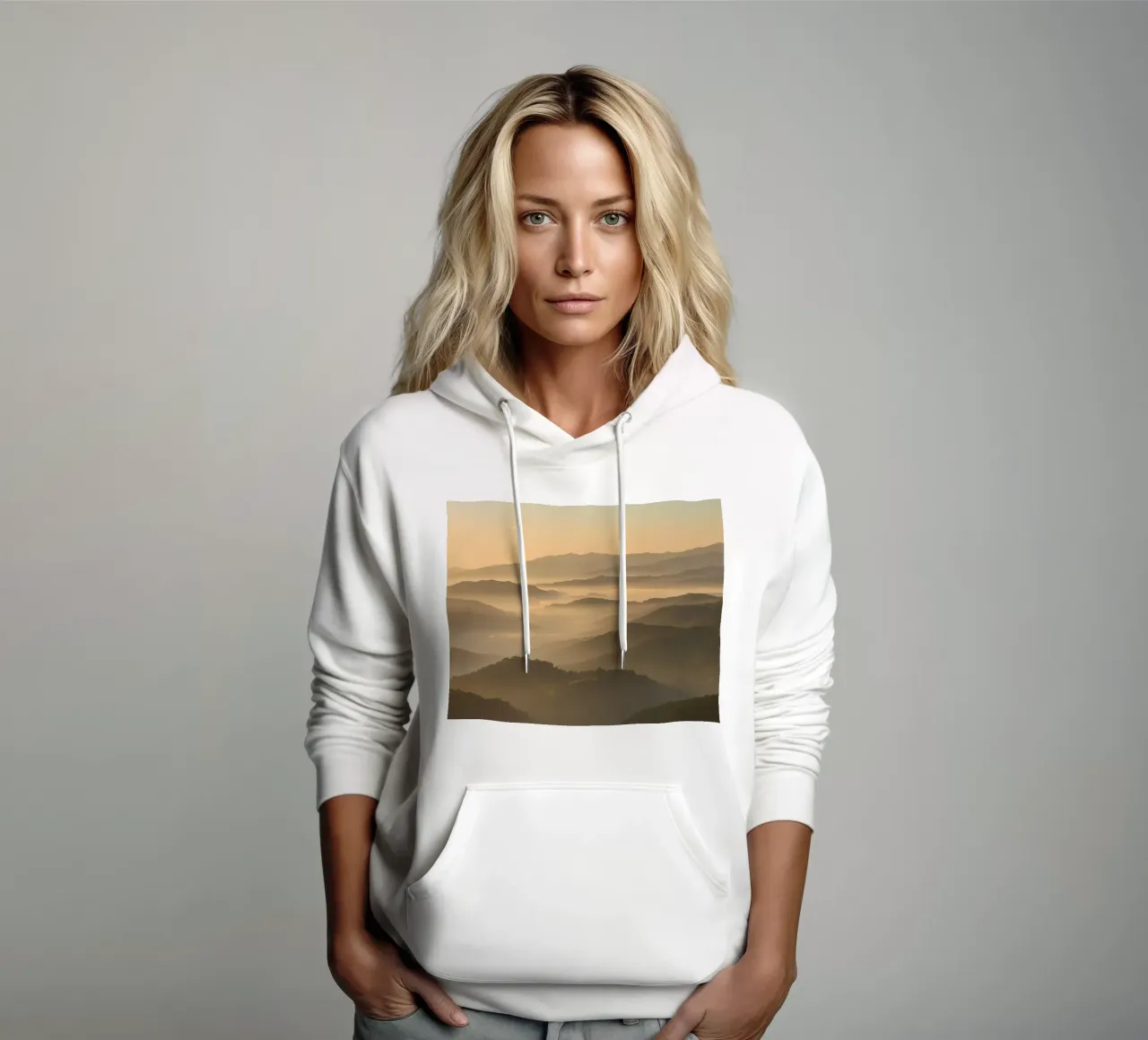 Catena montuosa con foschia all'alba felpa con cappuccio da DesignDoodle