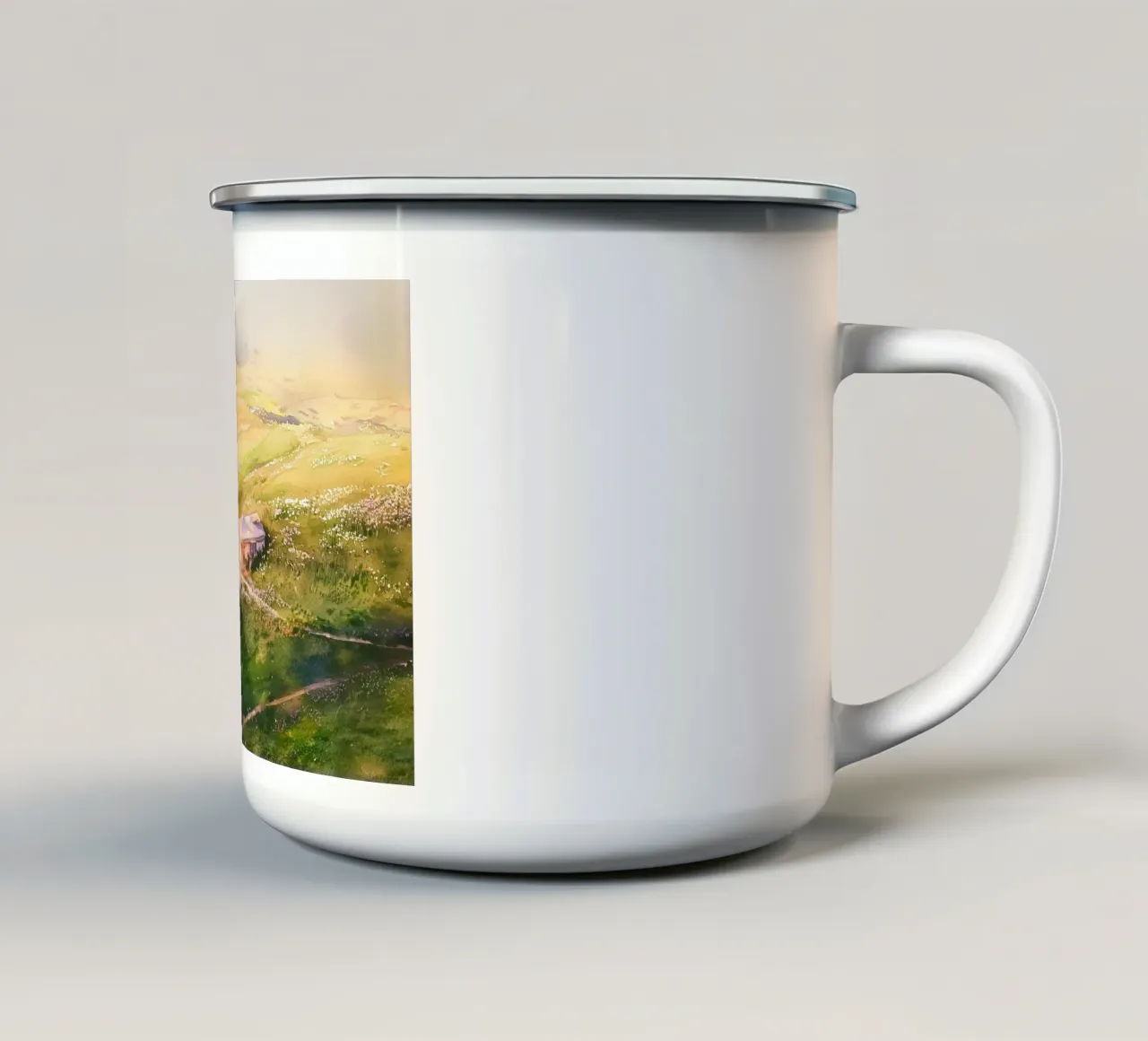 Sunlit Mountain Cabin: Watercolor tazza in smalto da FujiBrush
