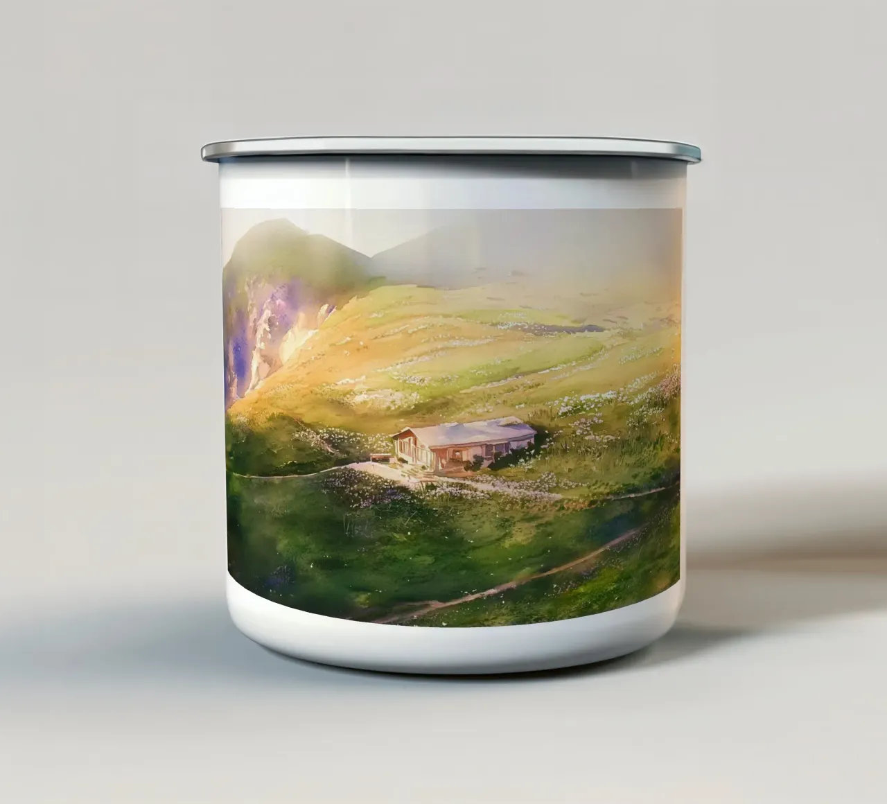 Sunlit Mountain Cabin: Watercolor tazza in smalto da FujiBrush