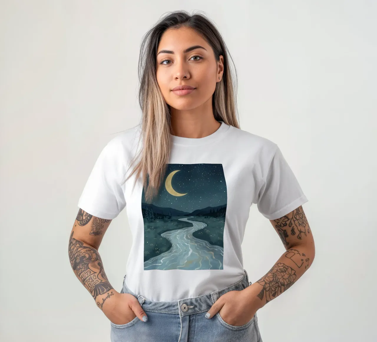 Paesaggio notturno tranquillo con luna e stelle del fiume t-shirt da DesignDoodle