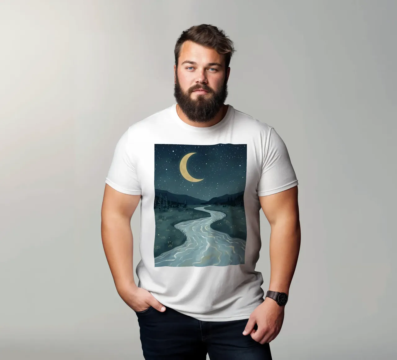 Paesaggio notturno tranquillo con luna e stelle del fiume t-shirt da DesignDoodle