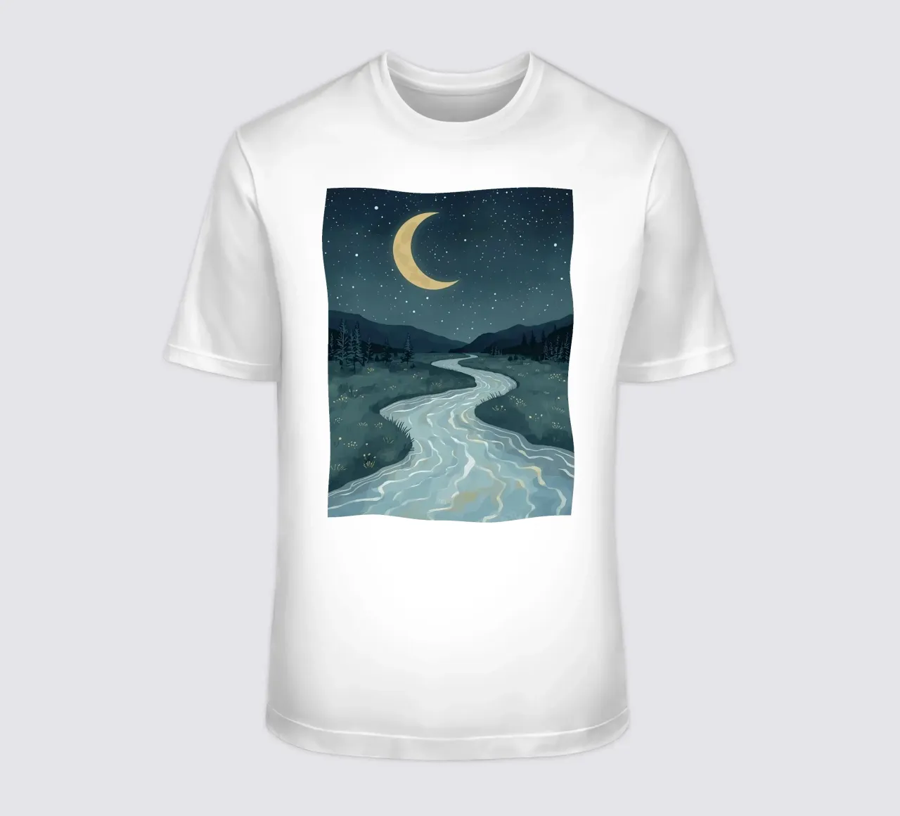 Paesaggio notturno tranquillo con luna e stelle del fiume t-shirt da DesignDoodle