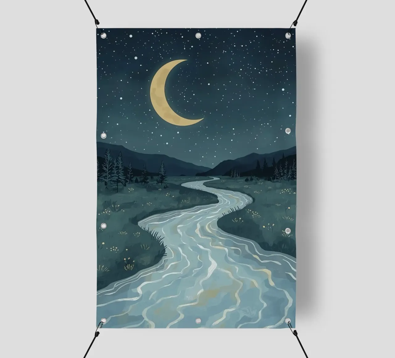 Paesaggio notturno tranquillo con luna e stelle del fiume telo in pvc da DesignDoodle