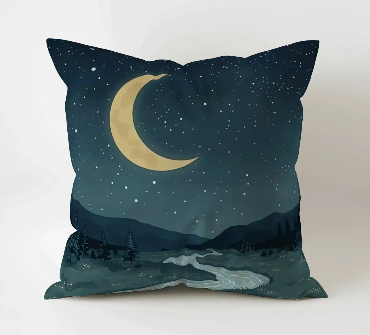 Paesaggio notturno tranquillo con luna e stelle del fiume cuscino da DesignDoodle