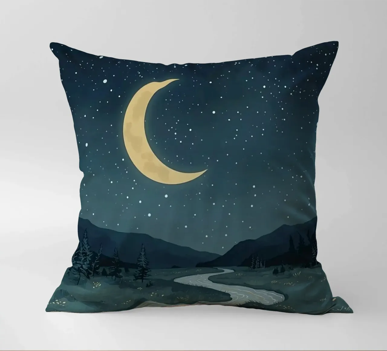 Paesaggio notturno tranquillo con luna e stelle del fiume cuscino da DesignDoodle
