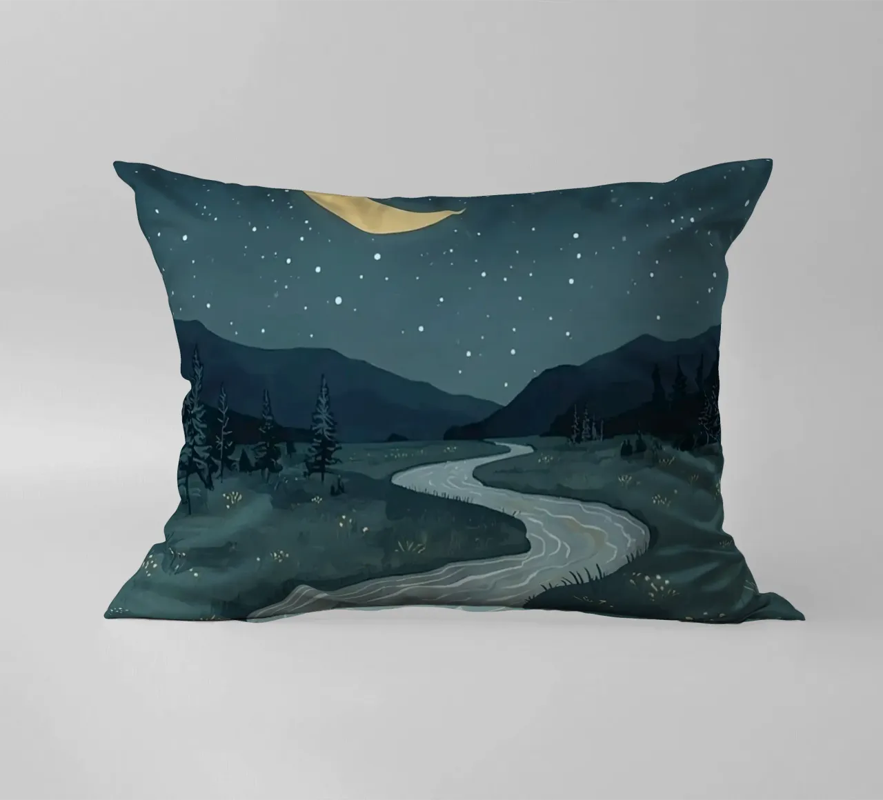 Paesaggio notturno tranquillo con luna e stelle del fiume cuscino da DesignDoodle
