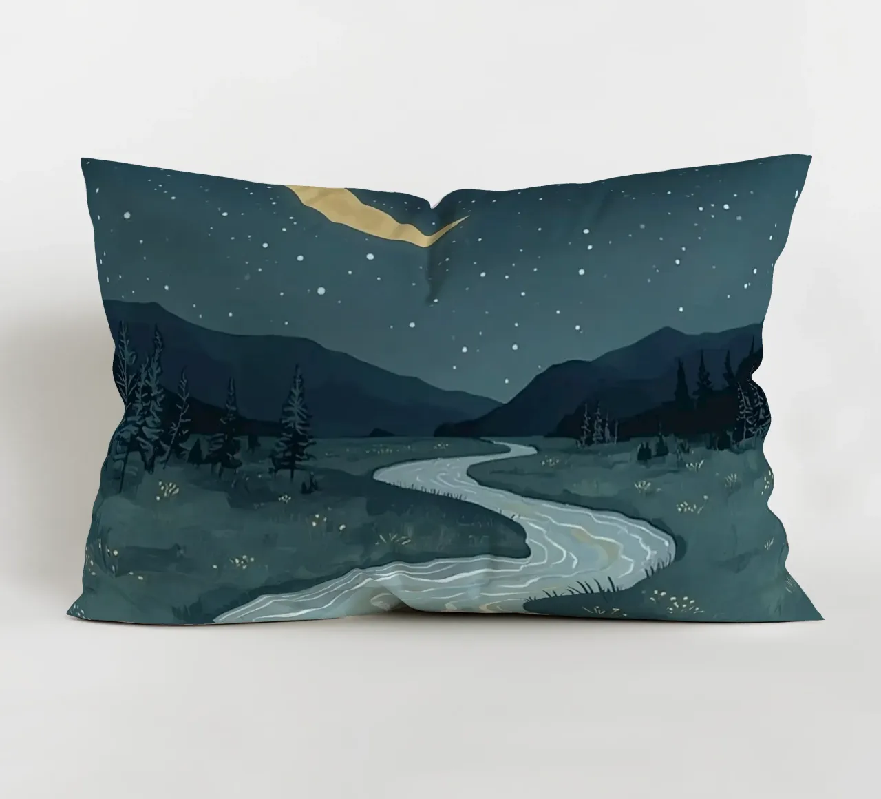 Paesaggio notturno tranquillo con luna e stelle del fiume cuscino da DesignDoodle