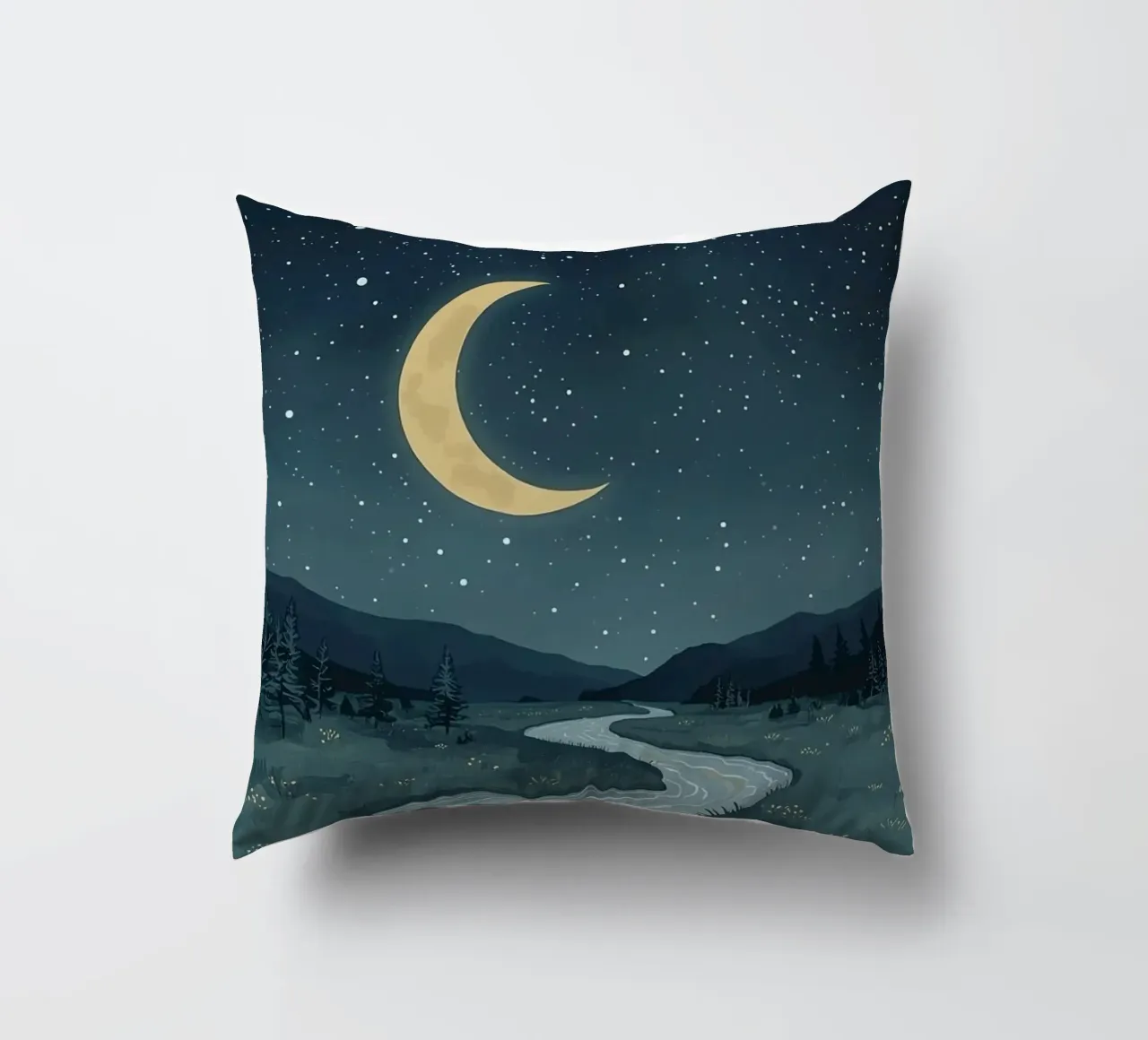 Paesaggio notturno tranquillo con luna e stelle del fiume cuscino da DesignDoodle