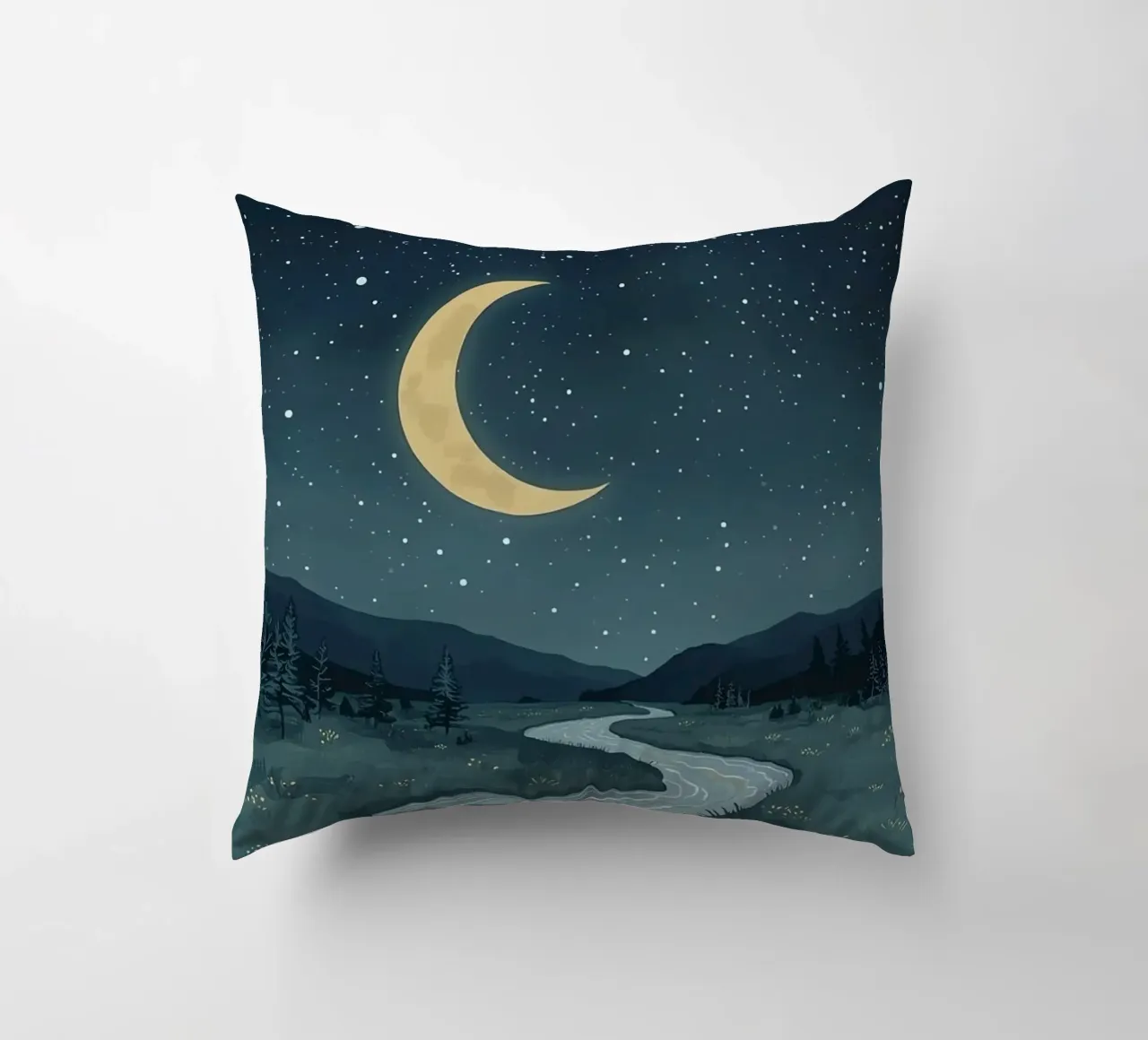 Paesaggio notturno tranquillo con luna e stelle del fiume cuscino da DesignDoodle