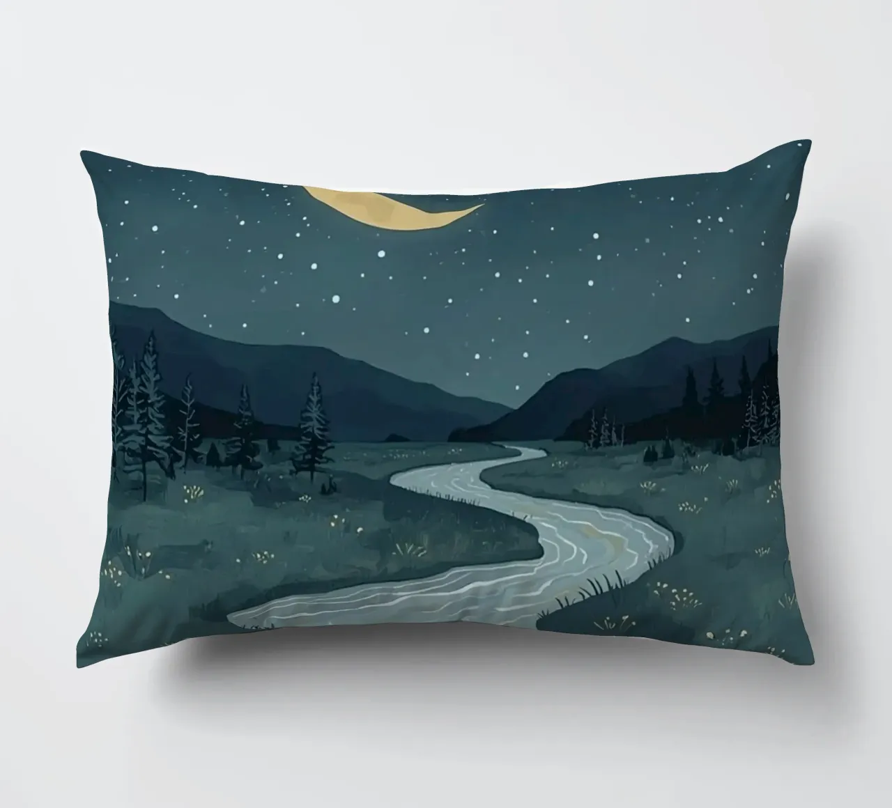 Paesaggio notturno tranquillo con luna e stelle del fiume cuscino da DesignDoodle