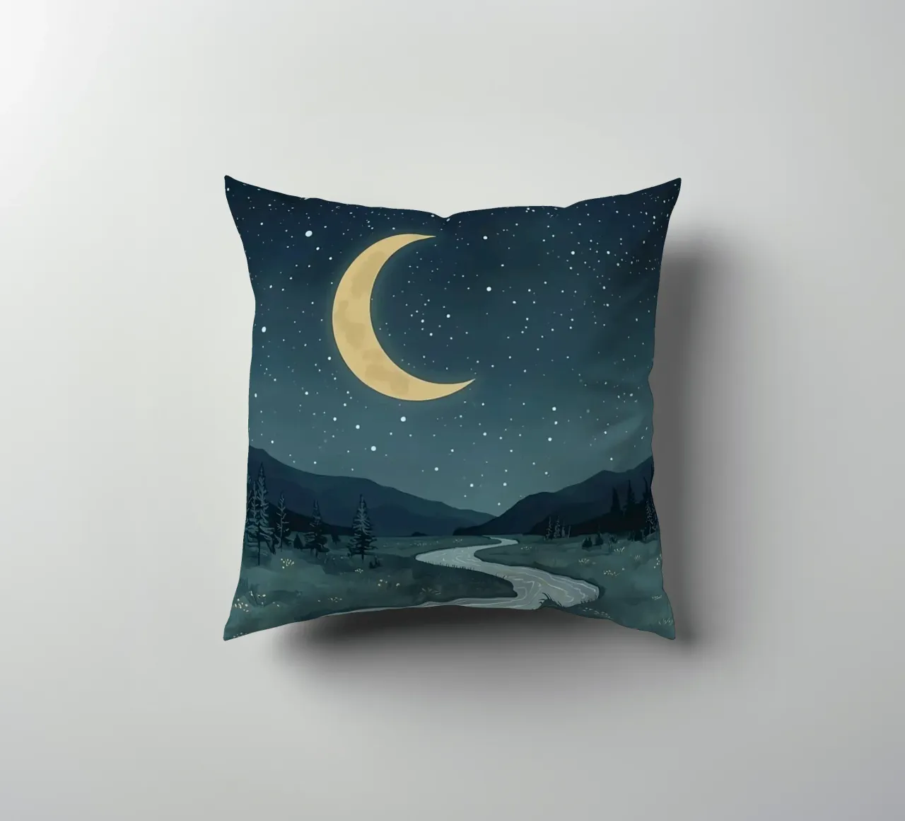 Paesaggio notturno tranquillo con luna e stelle del fiume cuscino da DesignDoodle