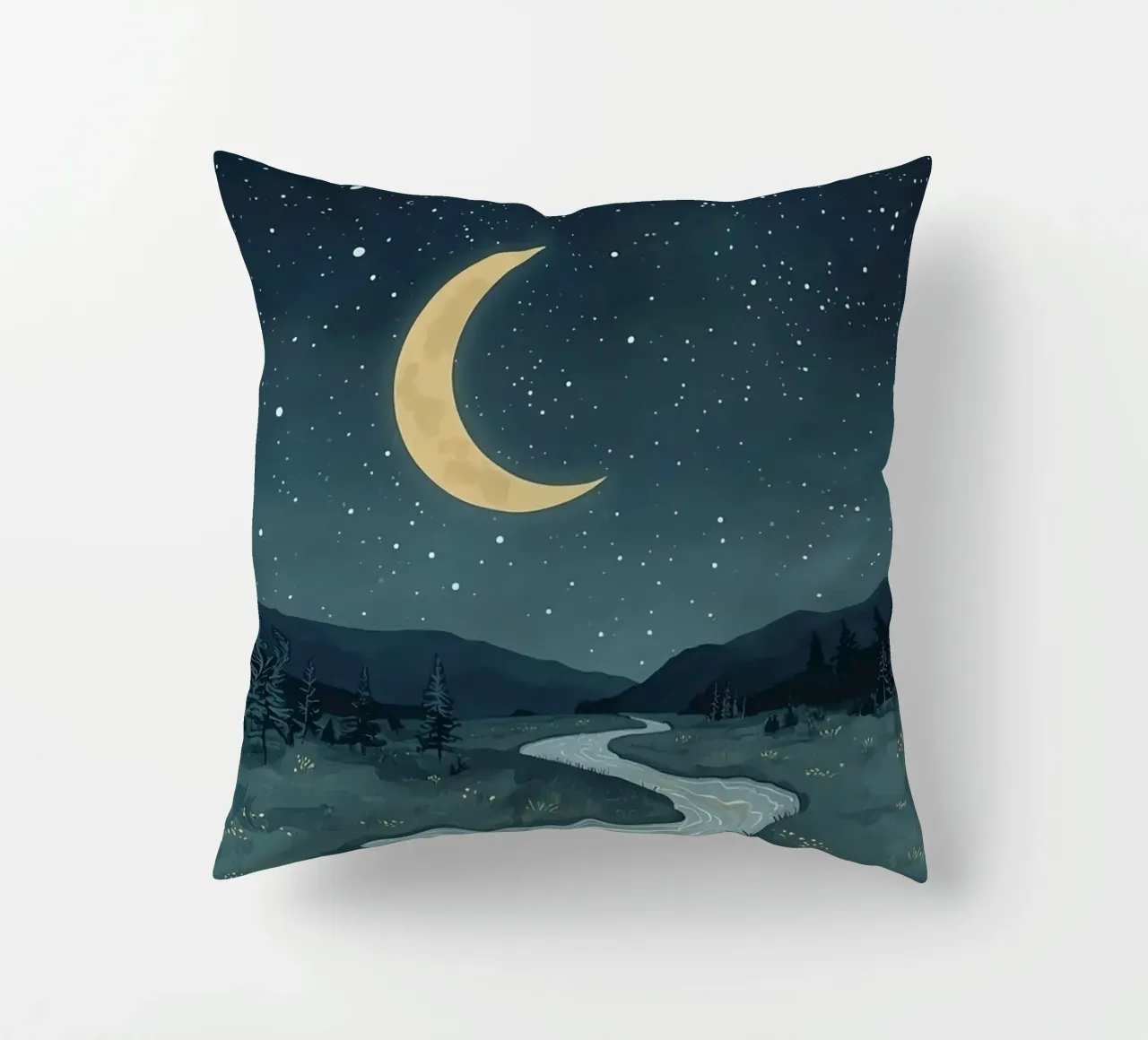 Paesaggio notturno tranquillo con luna e stelle del fiume cuscino da DesignDoodle