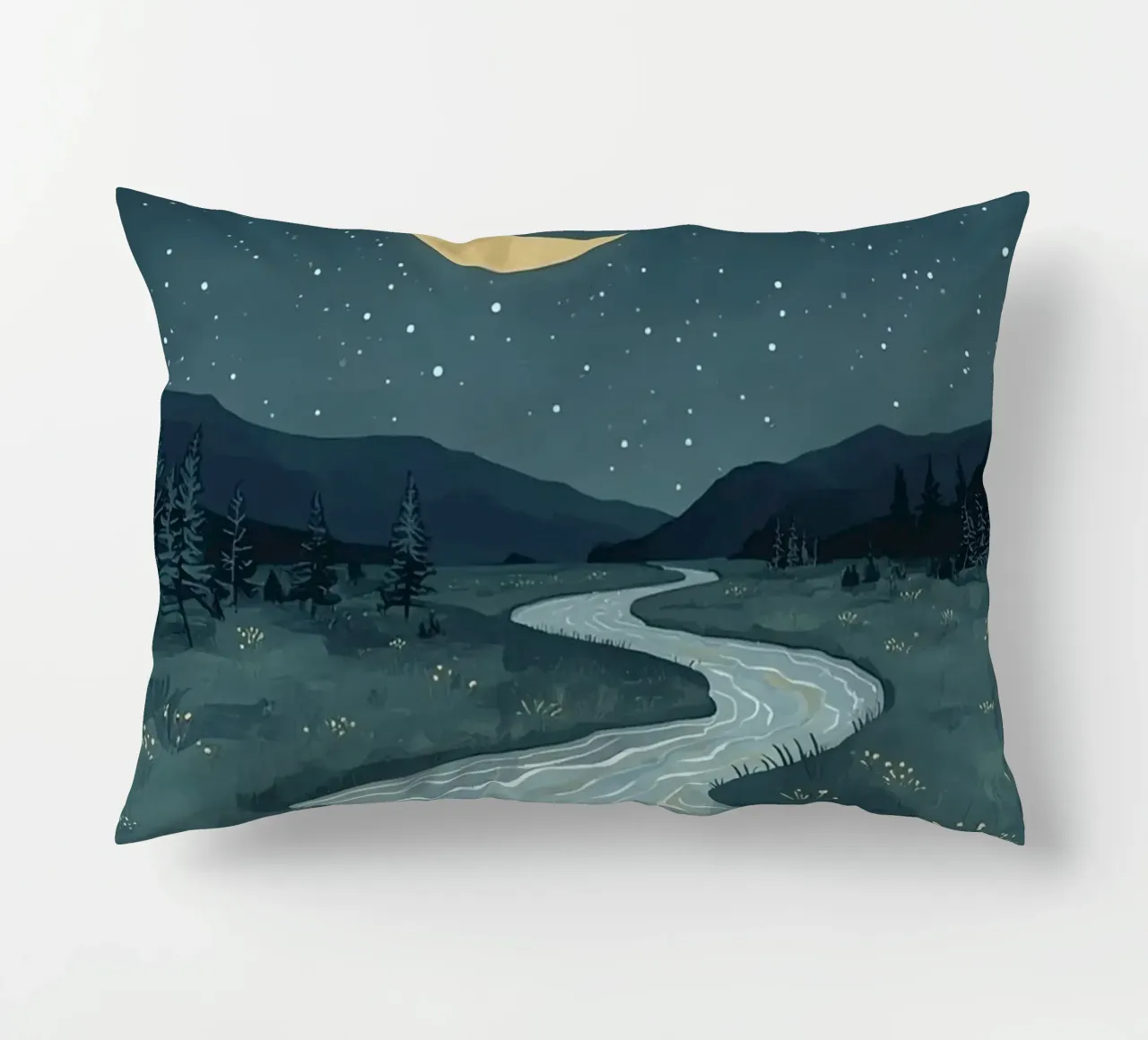 Paesaggio notturno tranquillo con luna e stelle del fiume cuscino da DesignDoodle