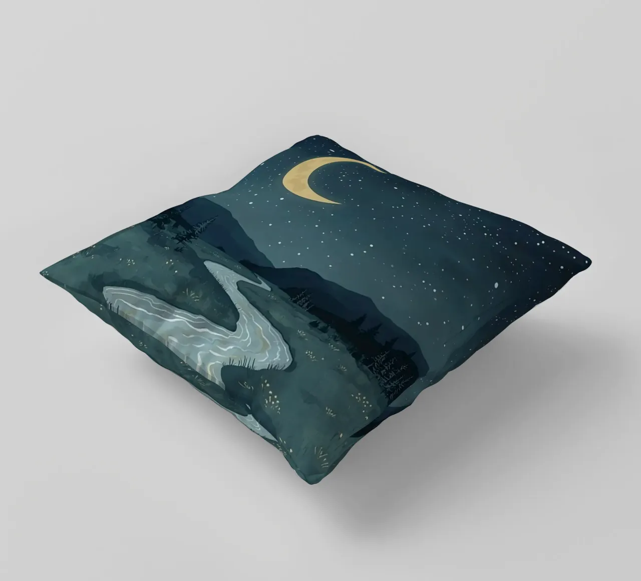 Paesaggio notturno tranquillo con luna e stelle del fiume cuscino da DesignDoodle
