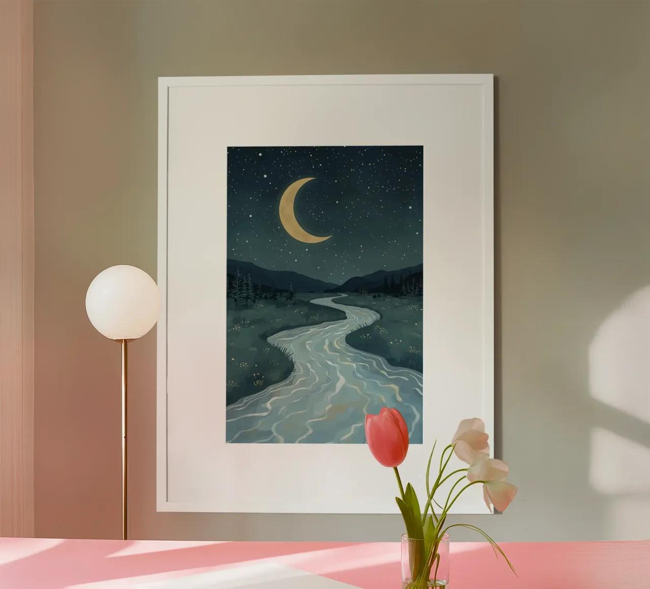 Paesaggio notturno tranquillo con luna e stelle del fiume carta hahnemühle da DesignDoodle