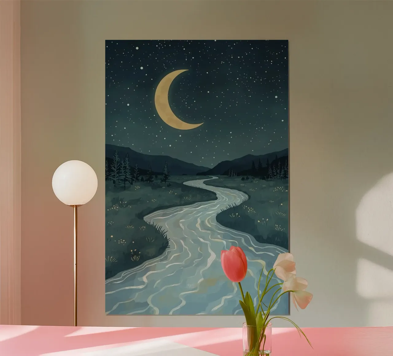 Paesaggio notturno tranquillo con luna e stelle del fiume carta hahnemühle da DesignDoodle