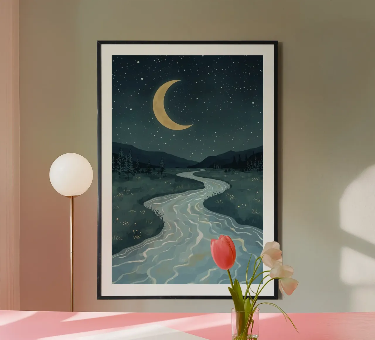 Paesaggio notturno tranquillo con luna e stelle del fiume carta hahnemühle da DesignDoodle