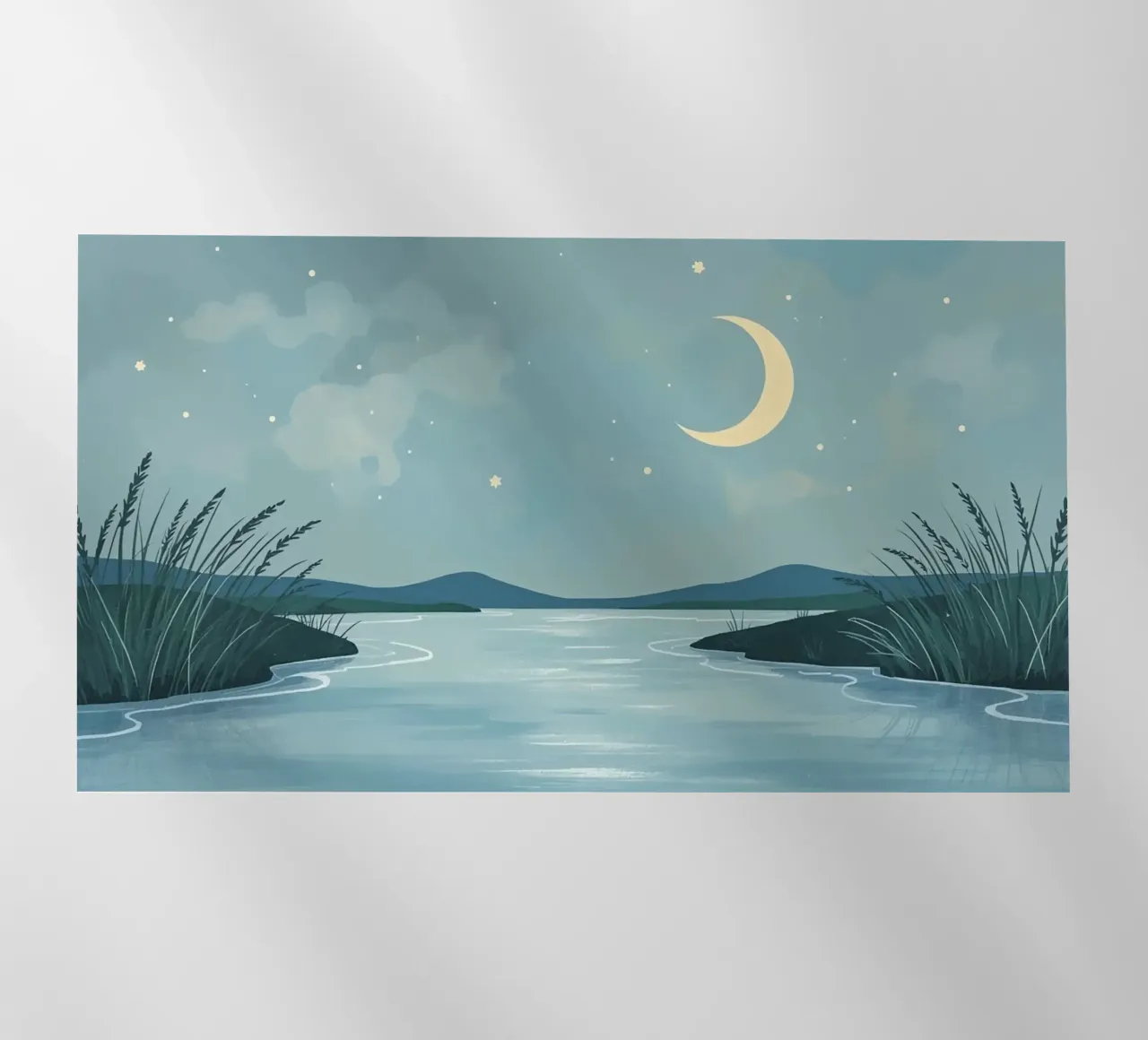 Scena notturna con luna, stelle, acqua e canne pellicola backlit da DesignDoodle