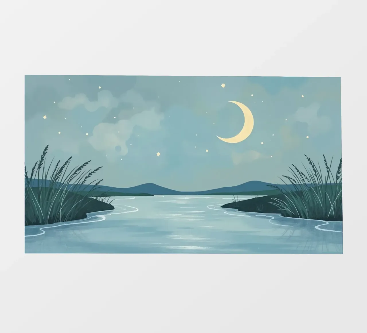 Scena notturna con luna, stelle, acqua e canne pellicola backlit da DesignDoodle