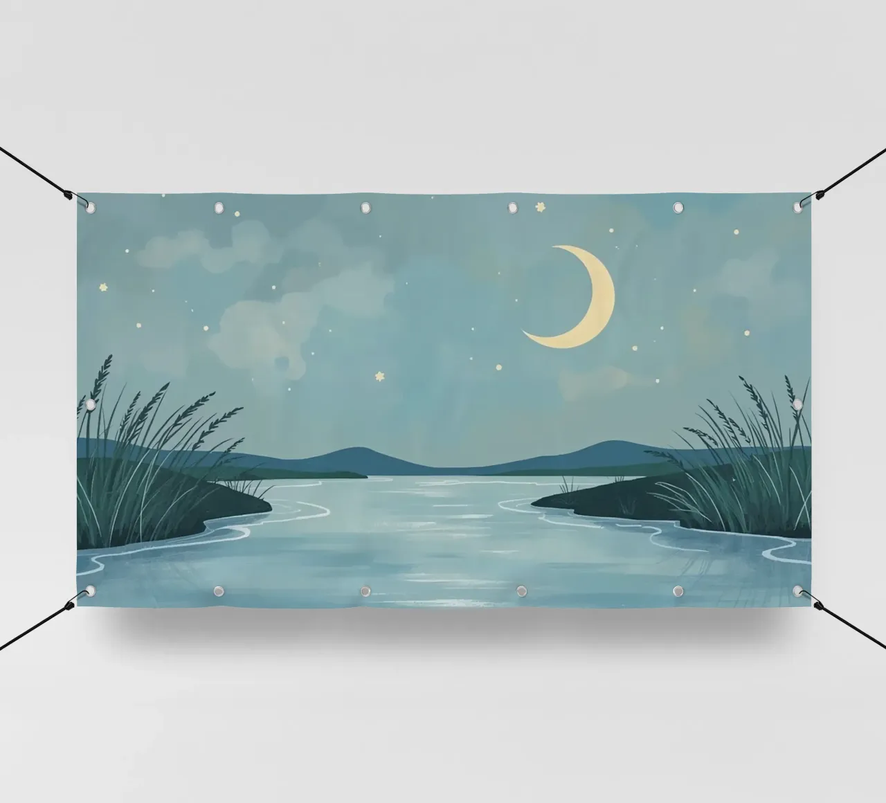 Scena notturna con luna, stelle, acqua e canne telo in pvc da DesignDoodle