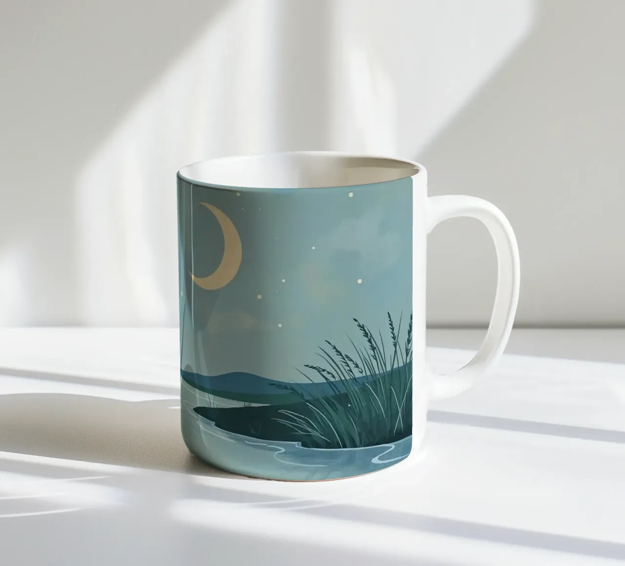 Scena notturna con luna, stelle, acqua e canne tazza in ceramica da DesignDoodle