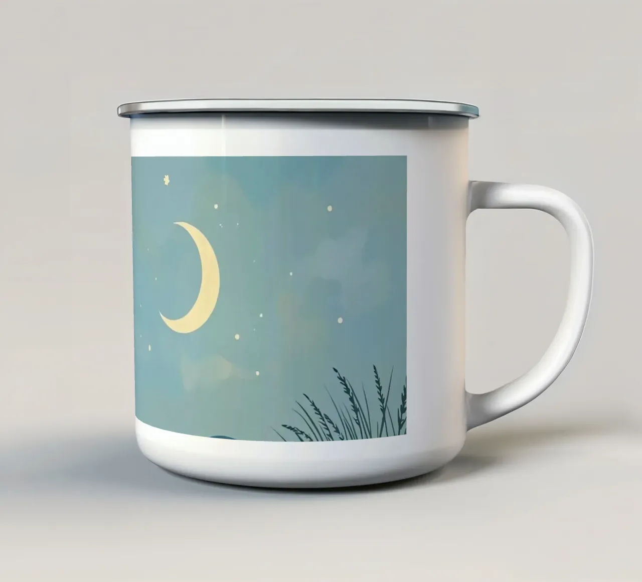 Scena notturna con luna, stelle, acqua e canne tazza in smalto da DesignDoodle