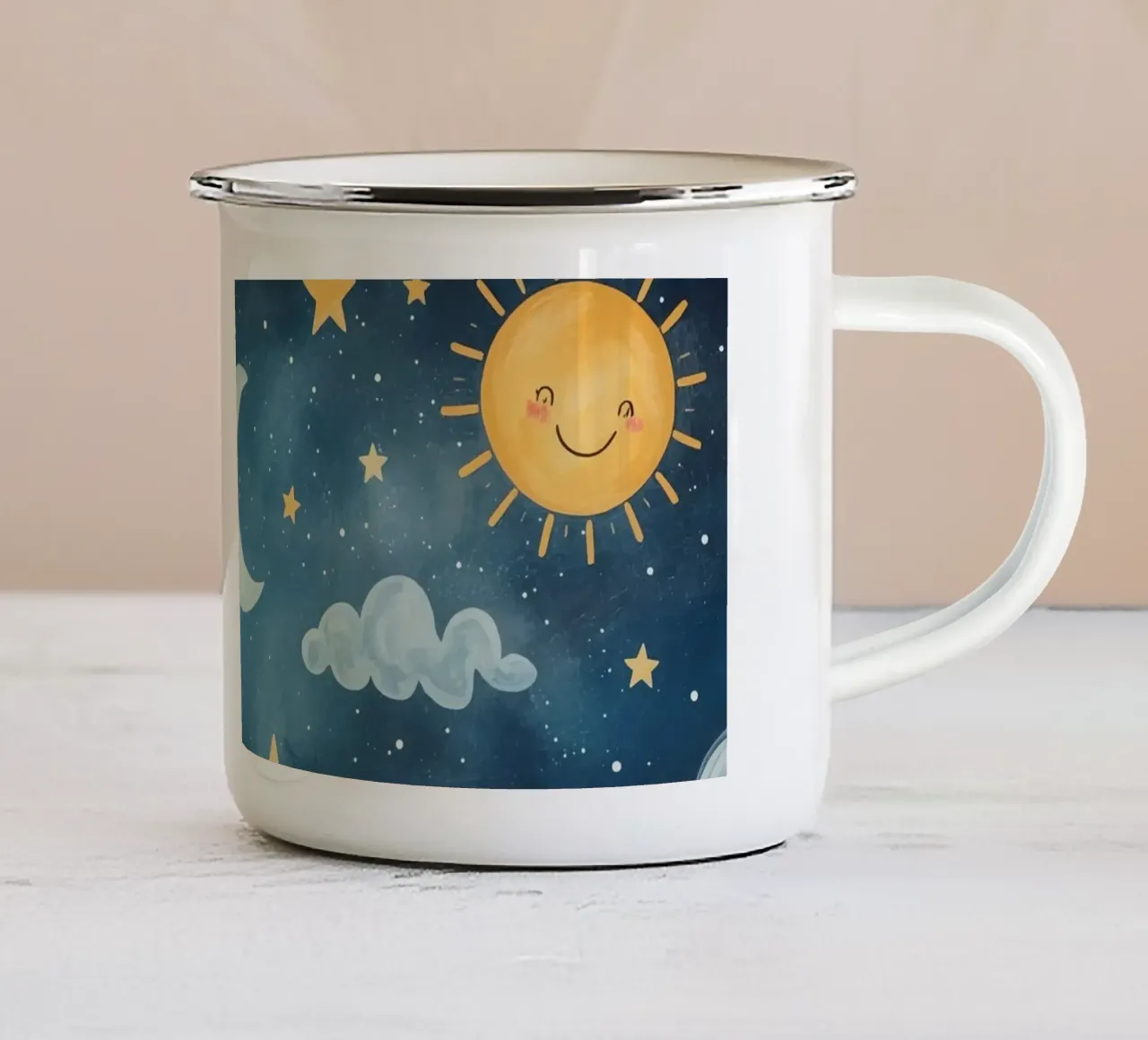Cielo notturno con luna, sole, nuvole e stelle tazza in smalto da DesignDoodle