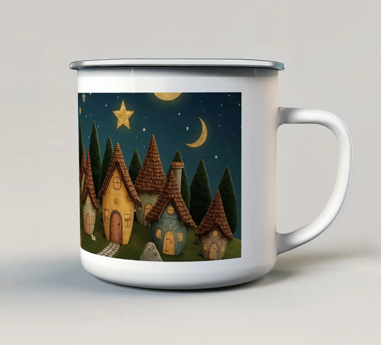 Villaggio notturno con case simili a quelle degli Hobbit sotto il cielo stellato tazza in smalto da DesignDoodle