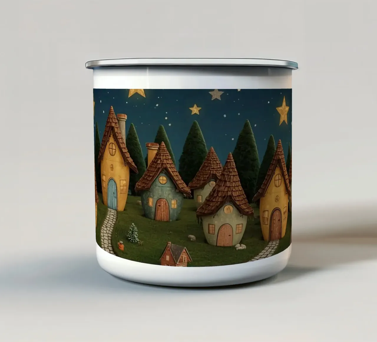 Villaggio notturno con case simili a quelle degli Hobbit sotto il cielo stellato tazza in smalto da DesignDoodle