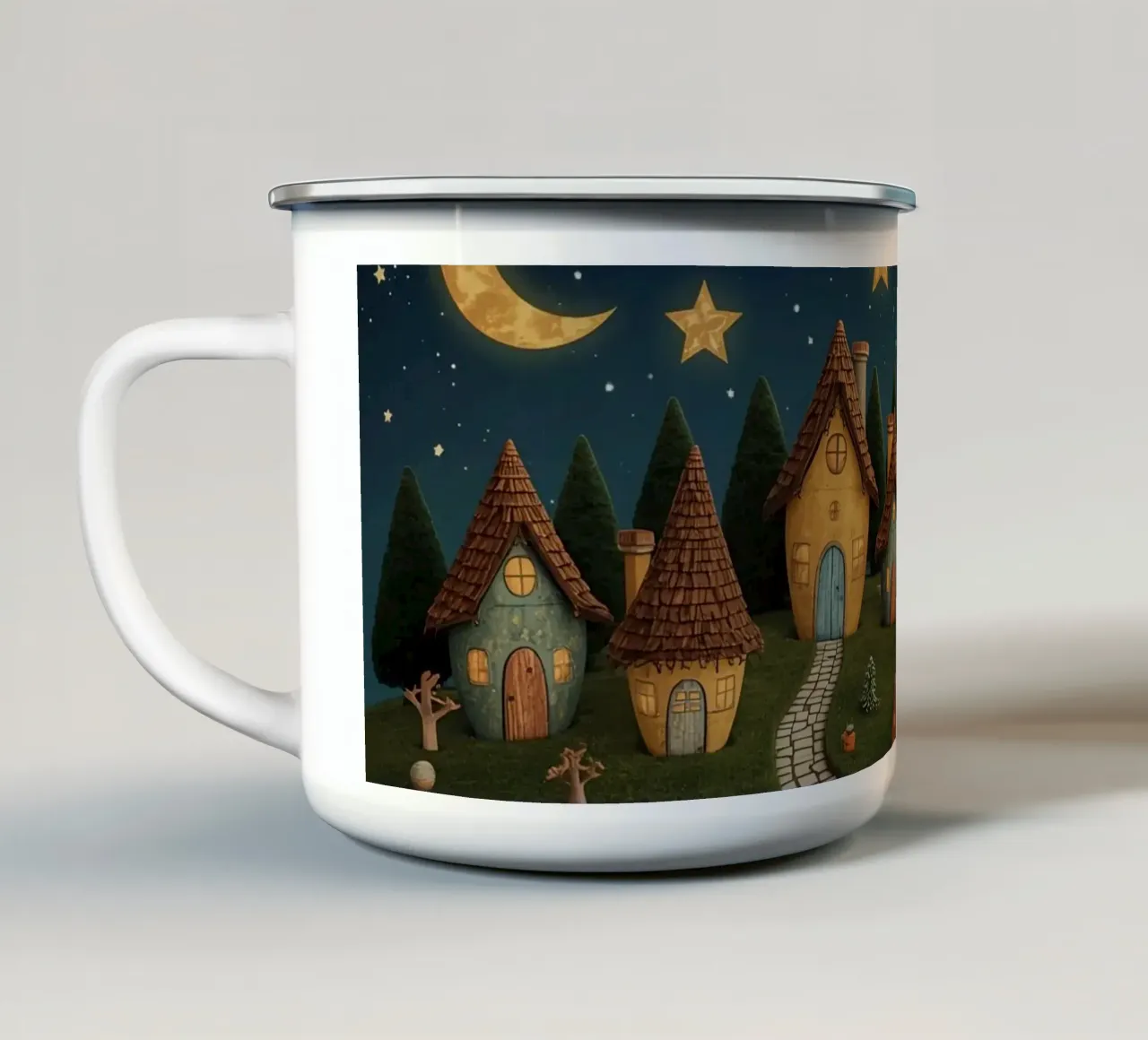 Villaggio notturno con case simili a quelle degli Hobbit sotto il cielo stellato tazza in smalto da DesignDoodle