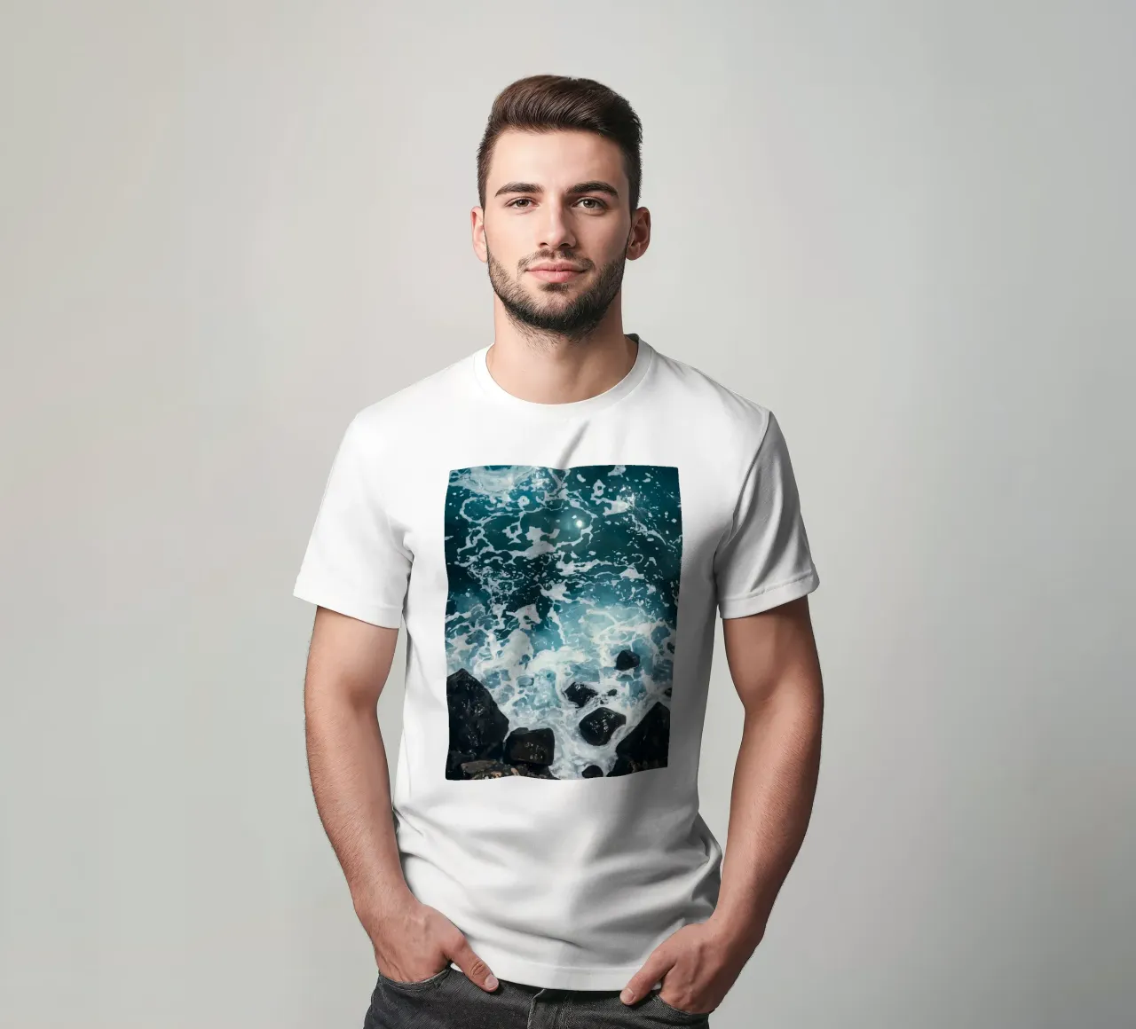 Le onde dell'oceano si infrangono sulle rocce scure t-shirt da DesignDoodle